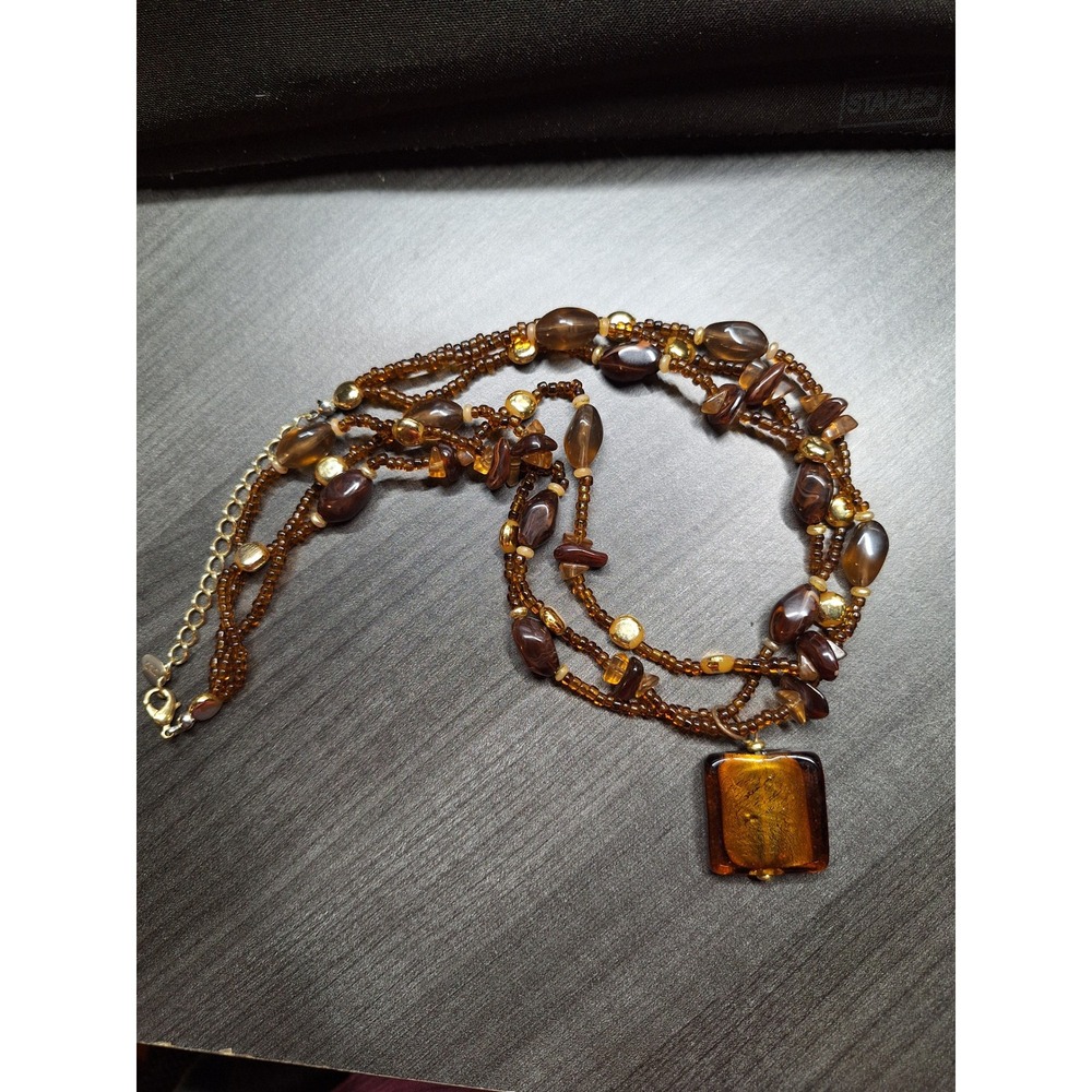 Icing Brown Amber Beaded Multi Strand Necklace Square Pendant Gold Tone Boho